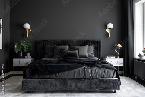 Large black bed two lamps wall side tables carpet front dark gray background interoir design concept  photo