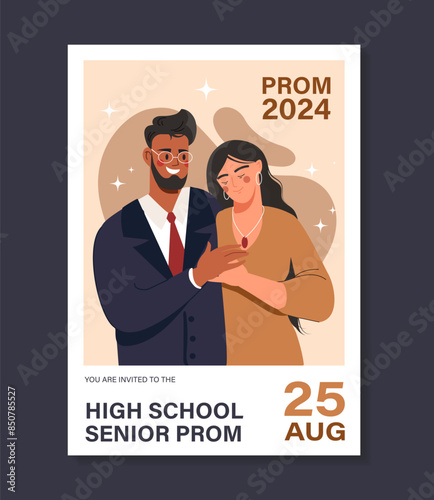 Prom invitation poster. Man in suit hugs girl in dress. Party for students after graduation. Invitational postcard template. Cartoon flat vector illustration isolated on black background