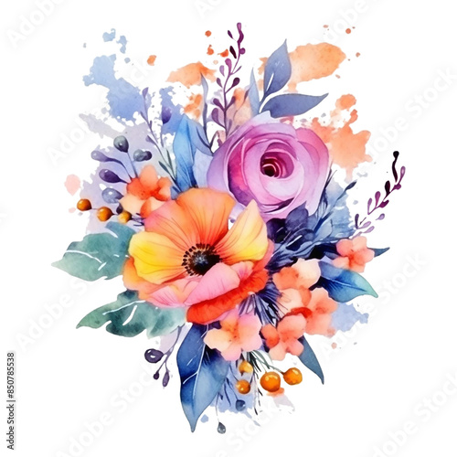 Colorful watercolor flowers on transparent background