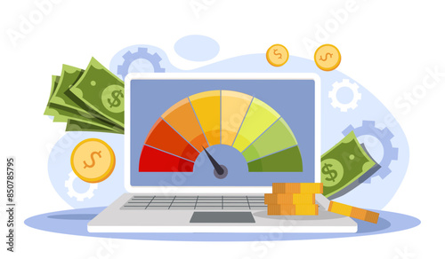 Risk indicator concept. Laptop with benchmarking, riskmeter. Financial analysis for entrepreneurs, investors and traders. Cartoon flat vector illustration isolated on white background