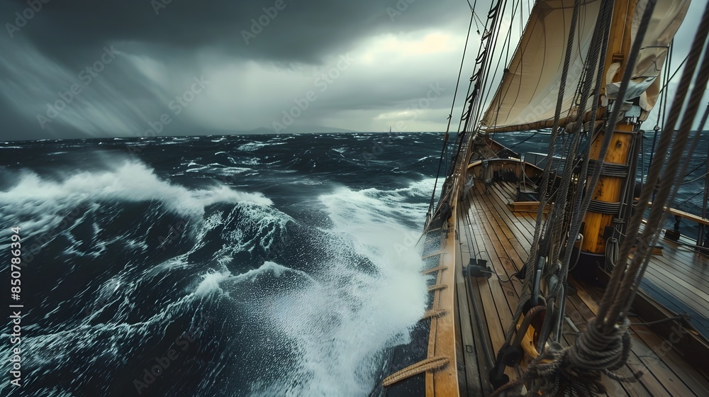 Fototapeta premium Stormy Seas Battering a Classic Sailing Ship in Dramatic Lighting