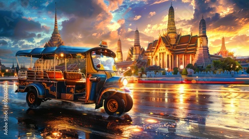 Thai tuk tuks, front and back, clear, HD level. In the background are Thai temples photo