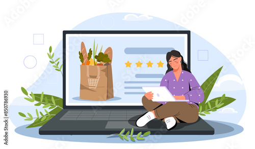 Shopping groceries online. Young girl buys products on Internet. Electronic commerce and home delivery. Paper bag with fruits. Cartoon flat vector illustration isolated on white background