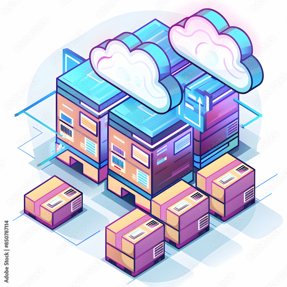 Fototapeta premium 3D Flat Icon: WMS Icon Cloud Symbol with Ample Space for Text Graphics Perfect for Cloud WMS Warehouse Management Enterprise Solutions