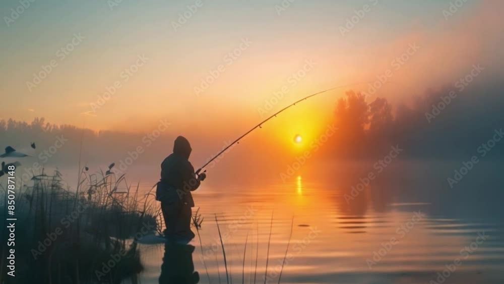This lone fisherman casts a line in a lake as the sun rises over a foggy landscape. This lone fisherman casts a line in a lake as the sun rises over a foggy landscape.
