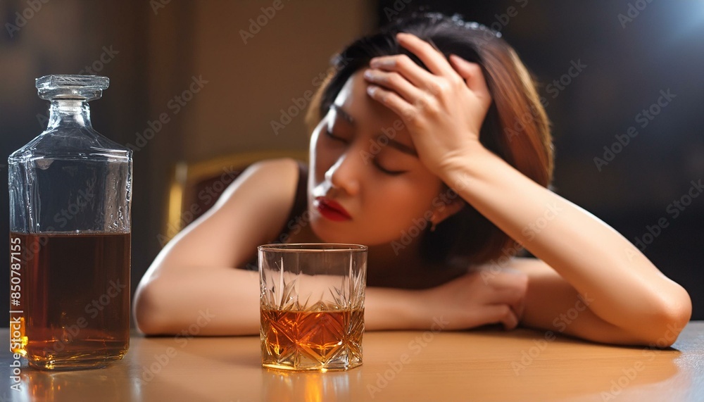 悩みを抱えた女性がお酒を飲みながら考え事をしている 悩みを抱えた女性がお酒を飲みながら考え事をしている