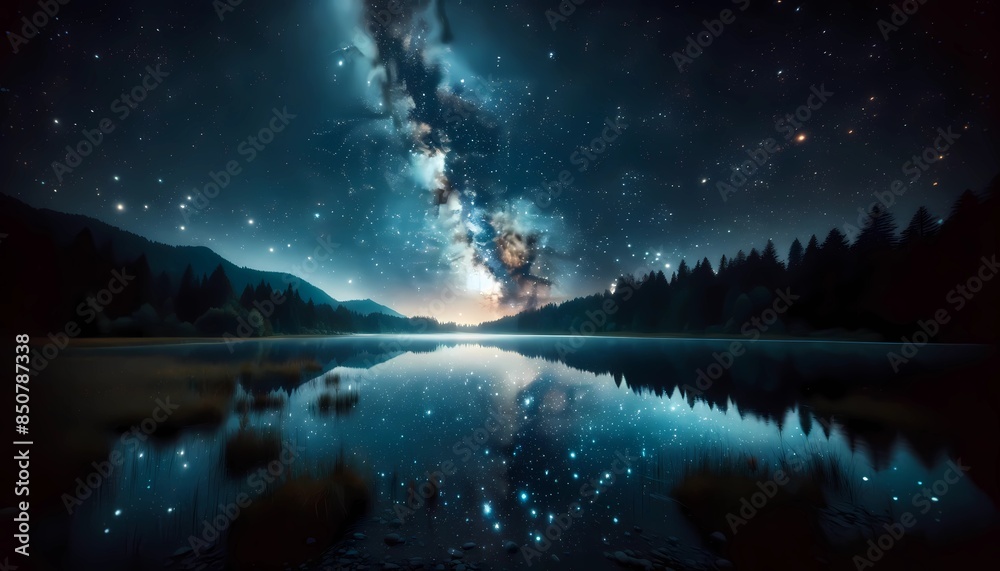 Starry Night Sky with Milky Way Over Calm Lake Reflecting Mountains and Forest Starry Night Sky with Milky Way Over Calm Lake Reflecting Mountains and Forest