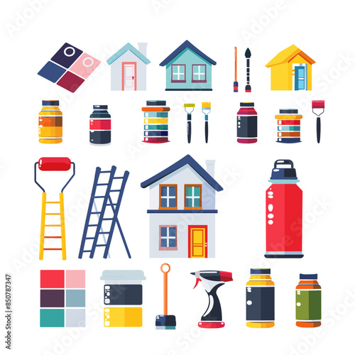house painting and decoration tools, vector illustration icon set isolated