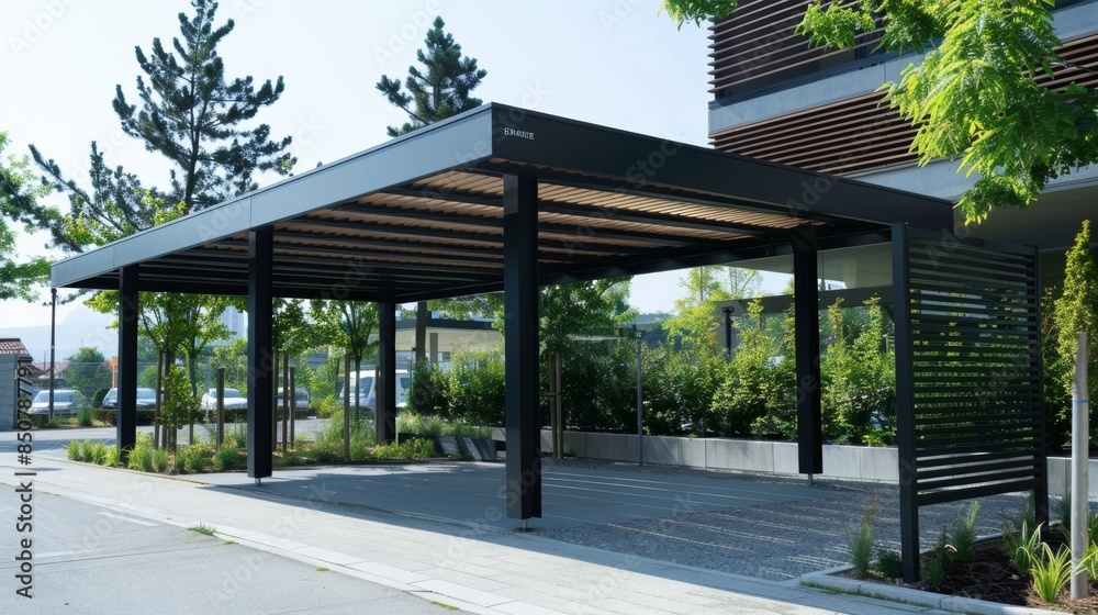 The sleek modern structure of the carport adds a touch of sophistication to the parking lot while also being environmentally friendly. The sleek modern structure of the carport adds a touch of sophistication to the parking lot while also being environmentally friendly.