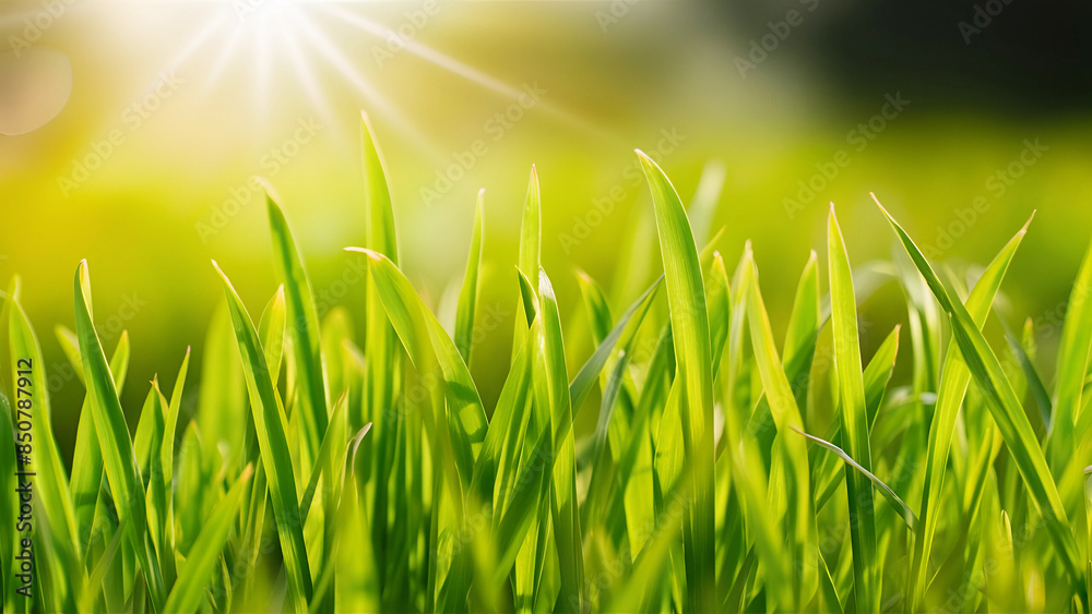 Fototapeta premium Beautiful natural background macro image of young juicy green grass in bright summer spring morning sunlight. nature outdoors, wide format with copy space. Ai generative.