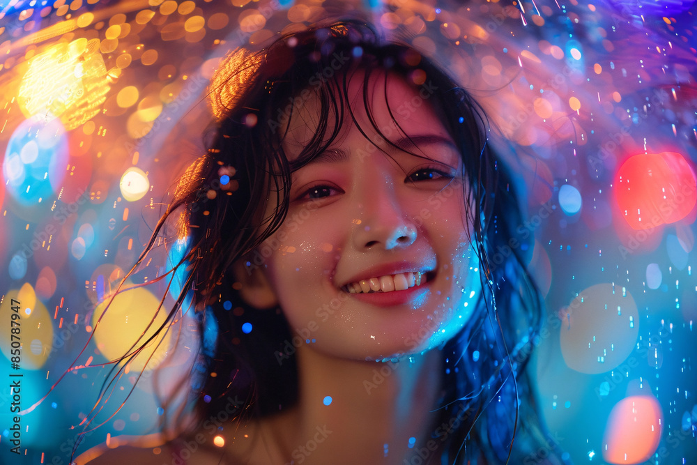 A woman with wet hair is smiling under an umbrella A woman with wet hair is smiling under an umbrella