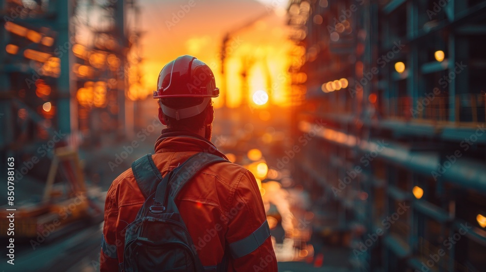 Obraz premium Construction Worker Gazing at Sunset over Industrial Complex