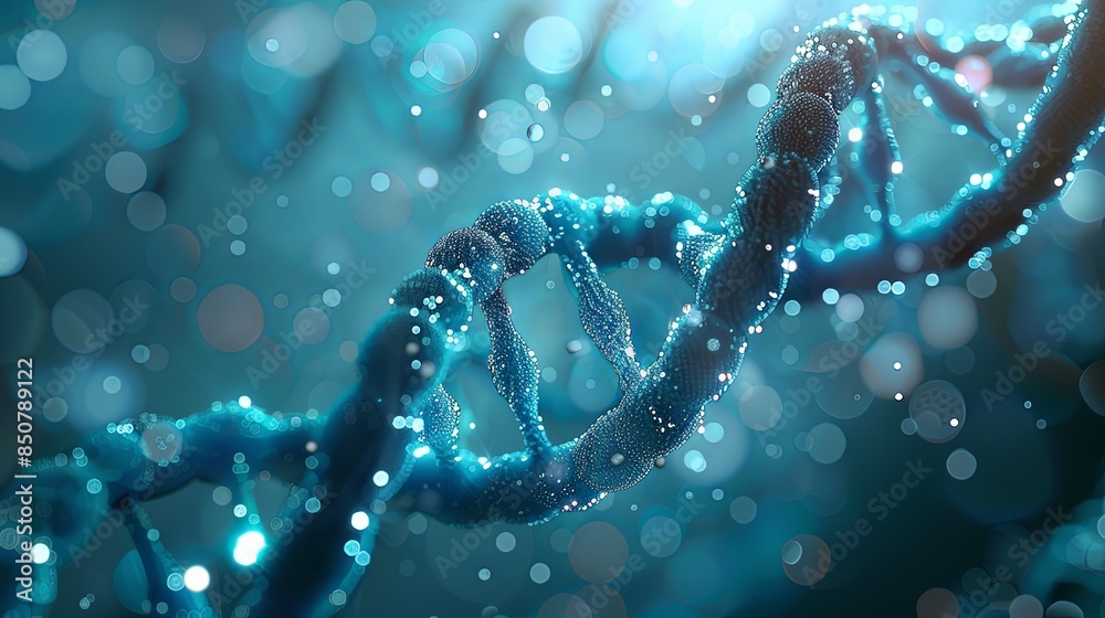 Detailed depiction of a DNA molecule with a focus on the helix structure in a blue hue Detailed depiction of a DNA molecule with a focus on the helix structure in a blue hue