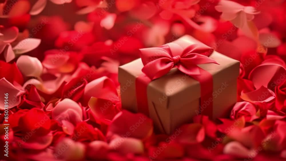 This brown gift box with a red ribbon sits on a bed of red rose petals.