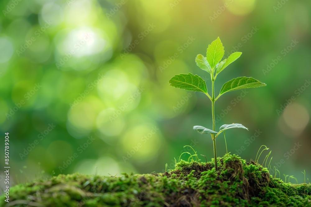 A photo of a small tree growing on moss in a forest, symbolizing the concept of ecology, natural landscapes, and environmental protection, and promoting healthy growth of trees and plants. A photo of a small tree growing on moss in a forest, symbolizing the concept of ecology, natural landscapes, and environmental protection, and promoting healthy growth of trees and plants.