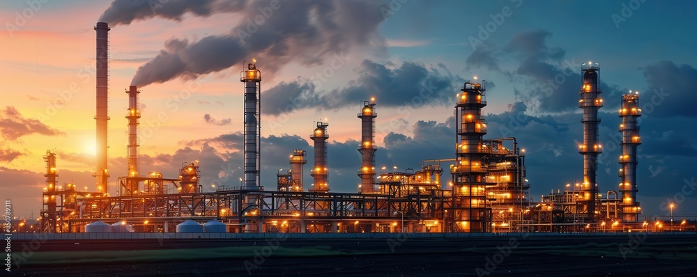 Energy plant burning fossil fuels, massive cooling towers and exhaust stacks, stark and powerful Energy plant burning fossil fuels, massive cooling towers and exhaust stacks, stark and powerful