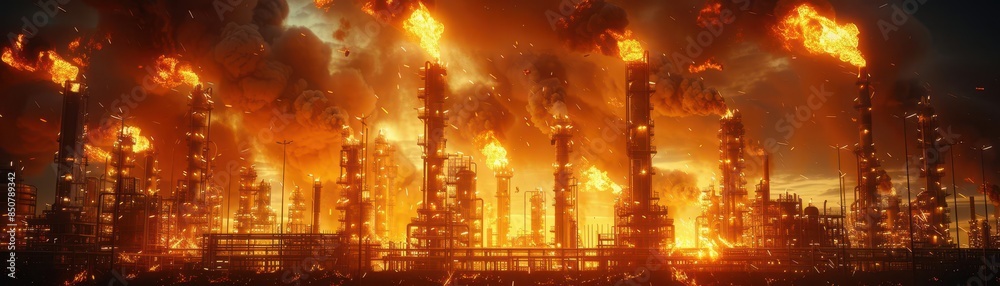 Fototapeta premium Explosion at an oil factory captured midblast, debris flying and fire spreading rapidly