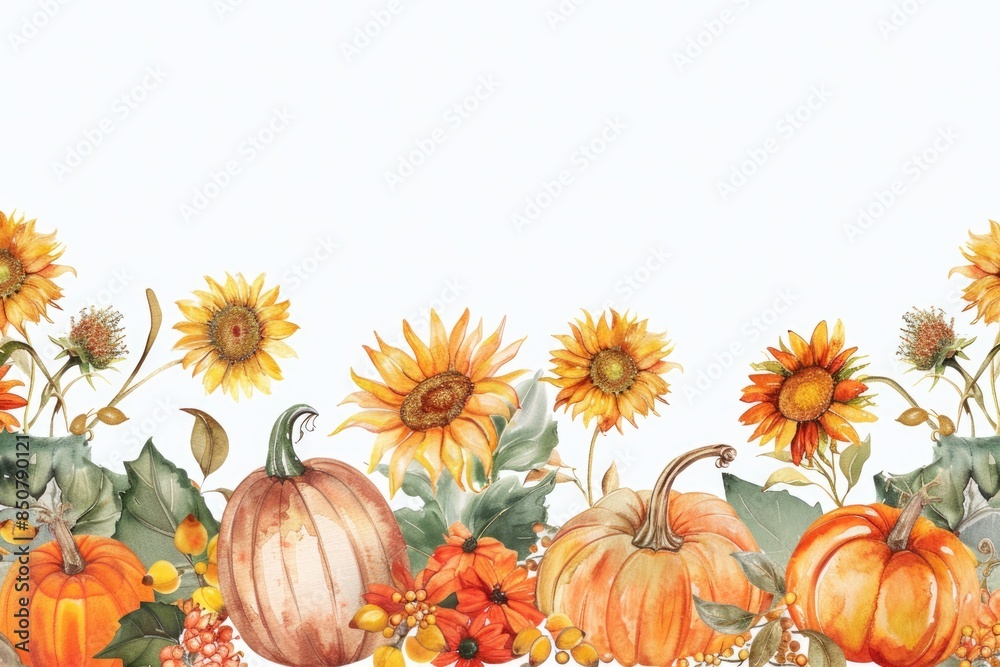 Fall Harvest Bounty: Hand-drawn Watercolor Pumpkins and Sunflowers Arrangement for Autumn Celebration Fall Harvest Bounty: Hand-drawn Watercolor Pumpkins and Sunflowers Arrangement for Autumn Celebration