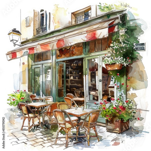 European Street Cafe. Watercolor Illustration of Cozy Cafe Scene in Europe