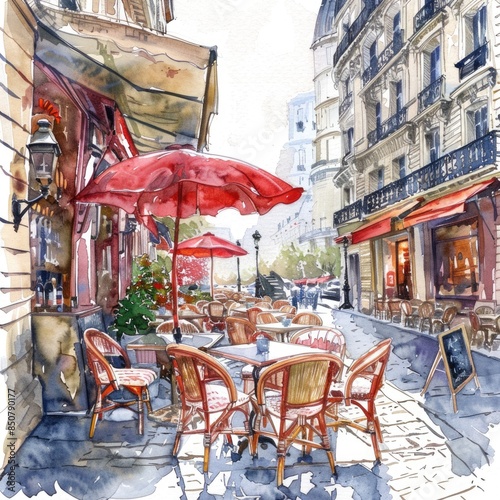 Fototapeta Naklejka Na Ścianę i Meble -  European Summer CafÃ© Scene: Watercolor Cityscape Illustration of a Cozy Terrace Restaurant in Paris