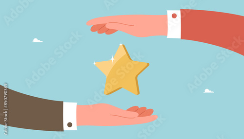 Teamwork or mentoring in paving way to achieve goal or high results, desire and motivation to overcome obstacles or receive rewards, brainstorm for new opportunities, big hands protect the star.