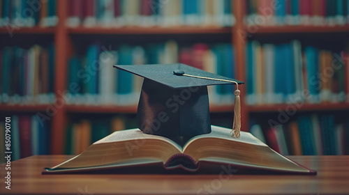 Graduation cap on top of an open book.