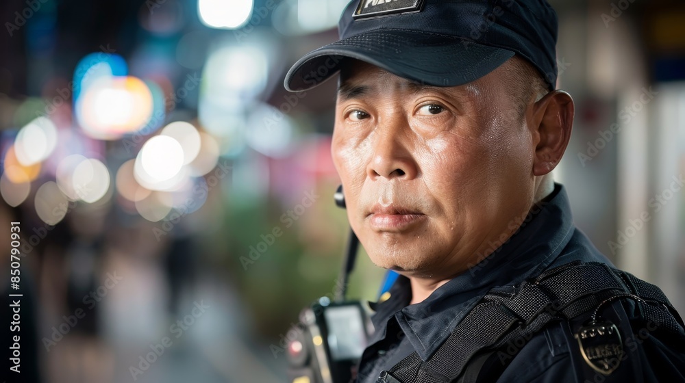 Security Guard Portrait in Urban Setting with Bokeh Lights