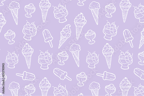 Ice cream cones, and popsicles seamless pattern. Hand drawn ice cream illustration on lavender background. Summer dessert theme for design and print.