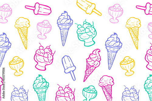 Seamless pattern with vivid colours ice cream cones,  and popsicles on a white background. Summer dessert theme for design and print.