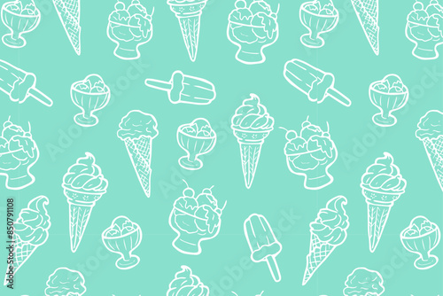 Seamless pattern with ice cream cones,  and popsicles on a mint green background. Summer dessert theme for design and print.