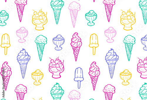 Hand drawn Ice cream pattern. Wallpaper with vivid colours ice cream cones, and popsicles on a white background. Summer dessert theme for design and print.