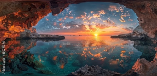 A stunning view of the sunrise over an underground cave on Island, with potent colors, sea reflection, a serene atmosphere, a beautiful sky, clear water, natural beauty, a panoramic shot photo