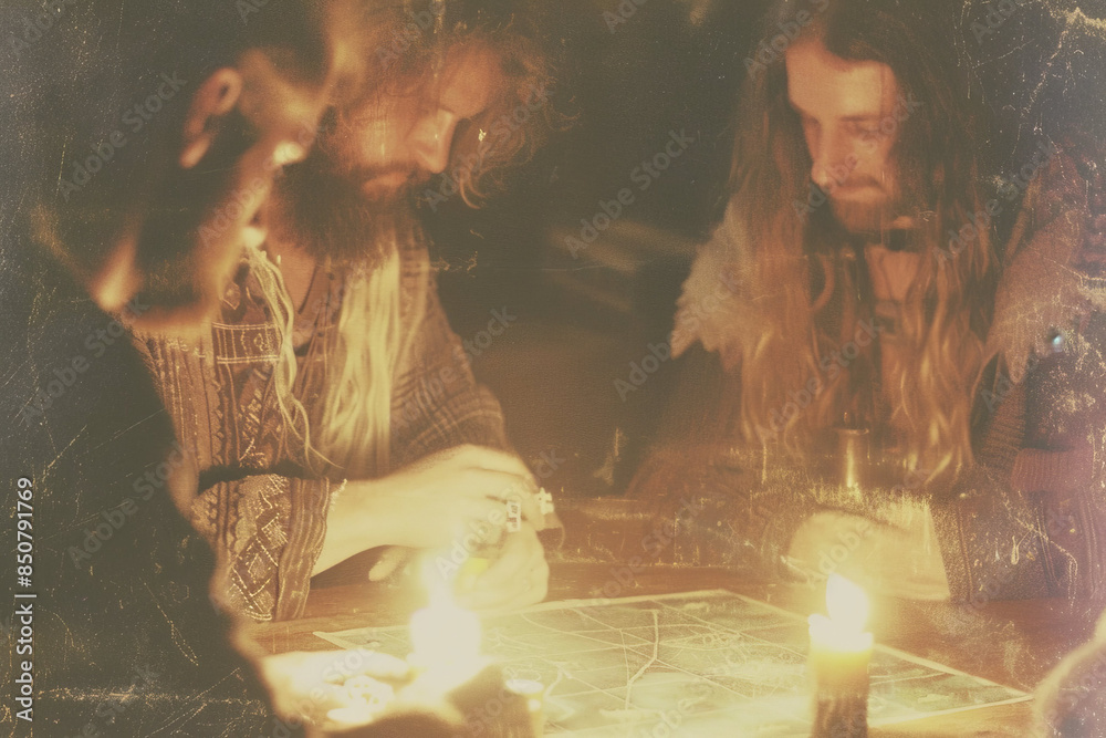 Fototapeta premium Friends Playing Adventure Tabletop Game in Candlelit Room Gen AI