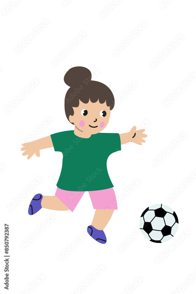 Girl playing soccer. Child with soccer ball. Colourful vector illustration. 