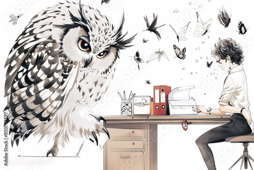 Owl Sorting Mail as Human Plays with Feathers Gen AI photo