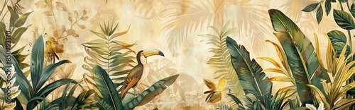 Modern wallpaper. Watercolor jungle illustration. Crane bird elements, watercolor painting wallpaper. Mural wallpaper. AI generated illustration