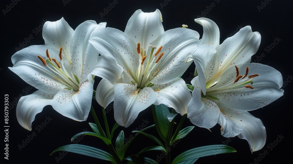 Fototapeta premium Three White Lilies on a Black Background