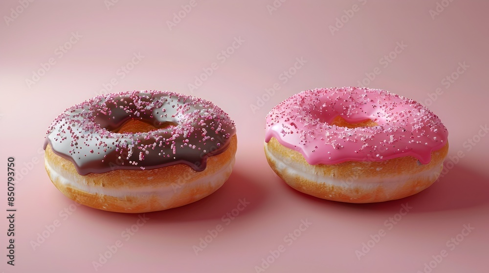 Two Mouthwatering Glazed Donuts with Colorful Sprinkles on a Vibrant Pink Background Two Mouthwatering Glazed Donuts with Colorful Sprinkles on a Vibrant Pink Background