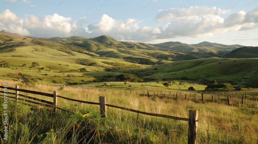 A rural landscape with rolling hills dotted by solarpowered electric fences that protect livestock from predators.