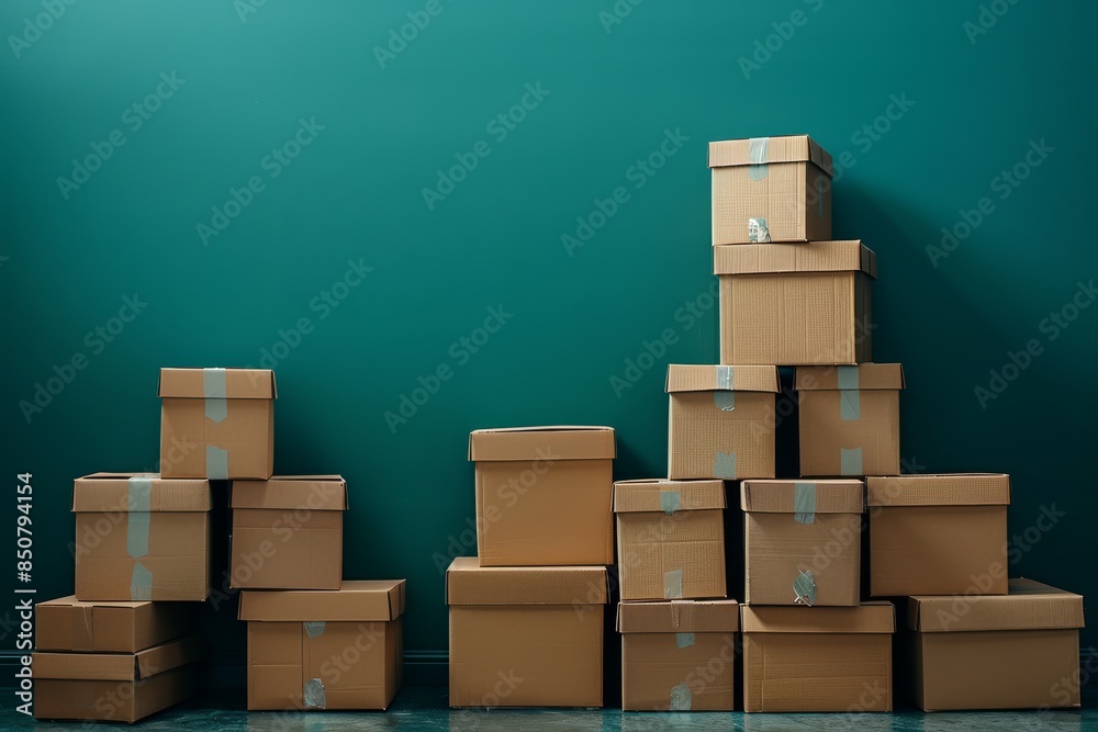 A stack of cardboard boxes is piled up against a green wall A stack of cardboard boxes is piled up against a green wall
