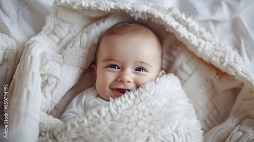 A happy baby lying on the bed, covered with white sheets and pillows.