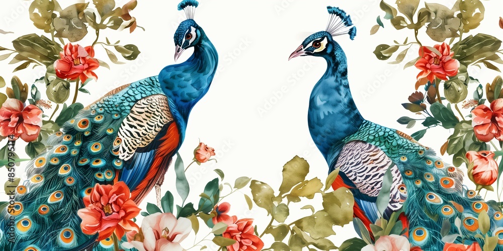 Naklejka premium Banner with peacocks on a tree.