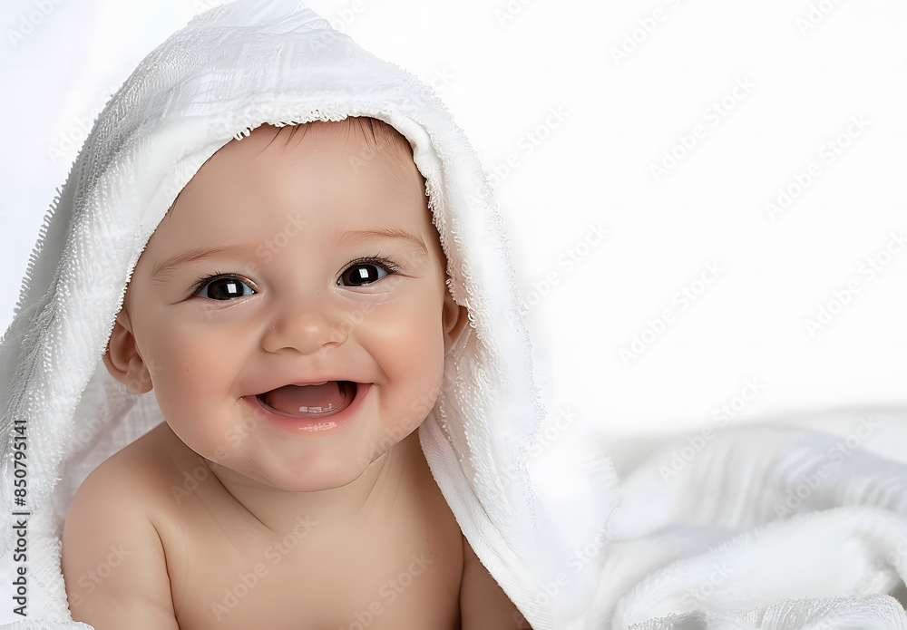 Cute happy smiling baby with white towel on head isolated over white background,copy space for text. Cute happy smiling baby with white towel on head isolated over white background,copy space for text.
