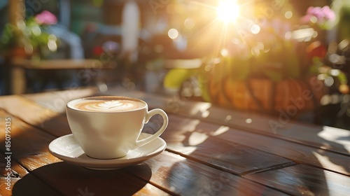 Wallpaper Mural Cozy Coffee Cup on Wooden Table with Warm Sunlight and Peaceful Cafe Ambiance Torontodigital.ca