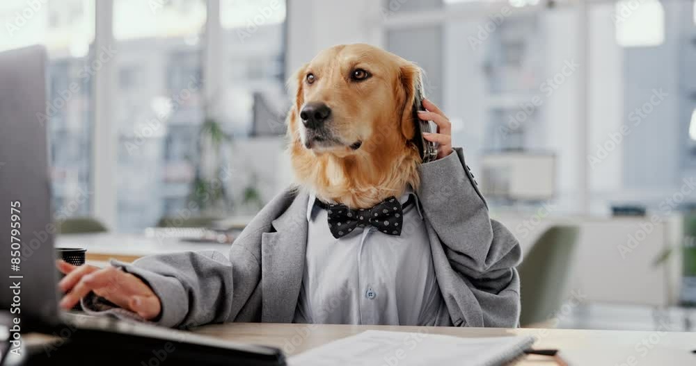 Office, business and dog on phone call with laptop typing or documents for communication and networking. Comic, mimic and animal or pet on suit in desk at workplace for humor, fun and browse internet