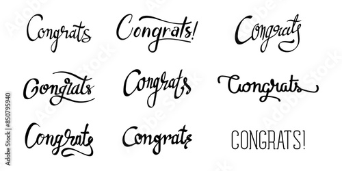 Congrats handwritten text calligraphy lettering illustration in black color on white background for banner, poster, card, t-shirt, etc