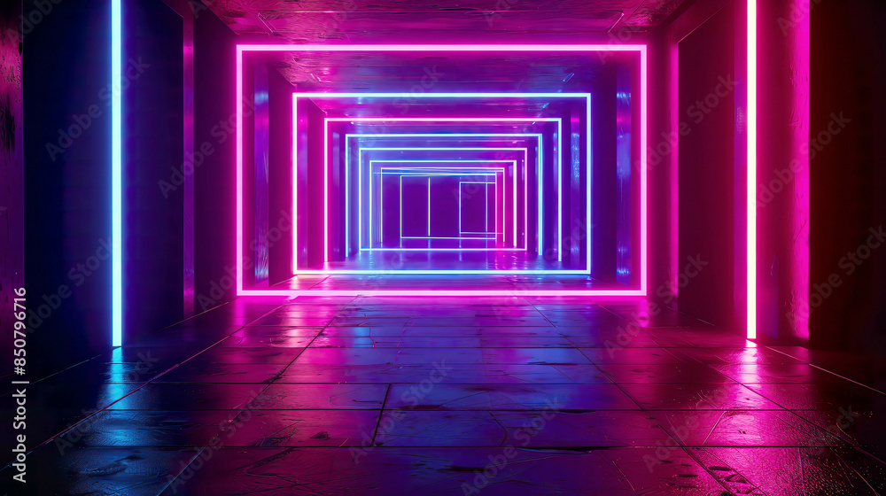 A detailed 3D render of an abstract neon light background set in a dark night scene with empty space A detailed 3D render of an abstract neon light background set in a dark night scene with empty space