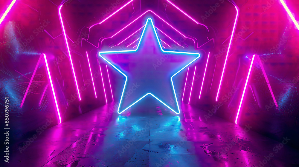 A detailed 3D render of an ultraviolet neon star shape with glowing lines forming a portal or tunnel A detailed 3D render of an ultraviolet neon star shape with glowing lines forming a portal or tunnel