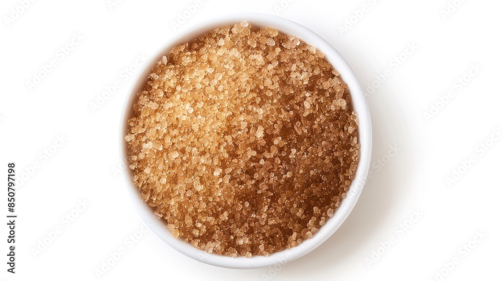 Circular brown sugar shape on a white background viewed from above Circular brown sugar shape on a white background viewed from above
