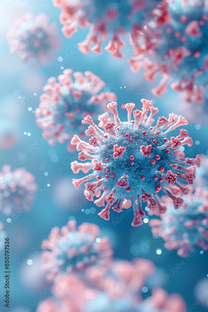 Closeup of blue and pink coronavirus particles floating in a blue background Closeup of blue and pink coronavirus particles floating in a blue background